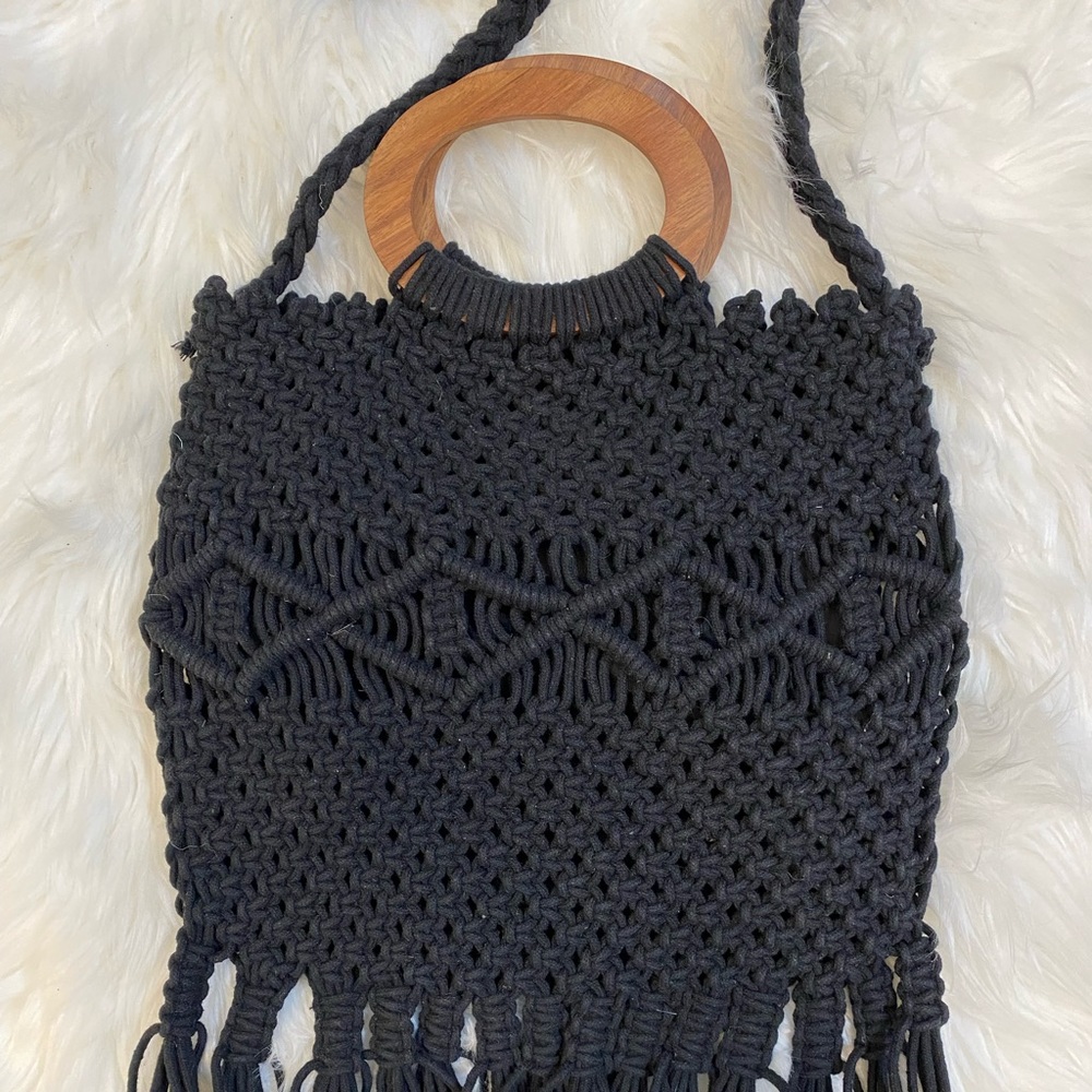 Danielle Nicole Black Macrame Satchel Fringe Fray… - image 2